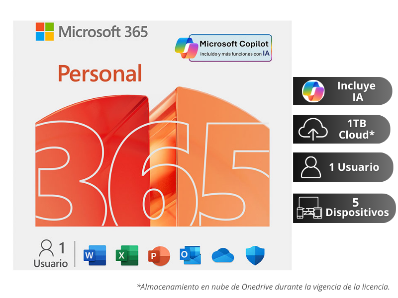 OFFICE MICROSOFT 365 PERSONAL 1 Usuario – 5 Dispositivos, 12 MESES, VIRTUAL (EP2-32316) + IA Copilot