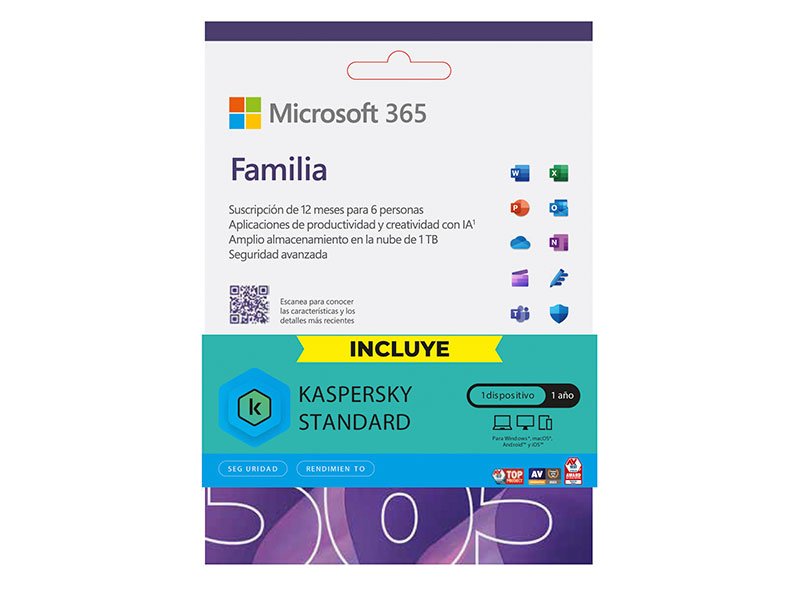 OFFICE MICROSOFT 365 FAMILIA 6 USUARIOS/ 5 DISPOSITIVOS | 12 MESES + KASPERSKY 1PC + IA COPILOT